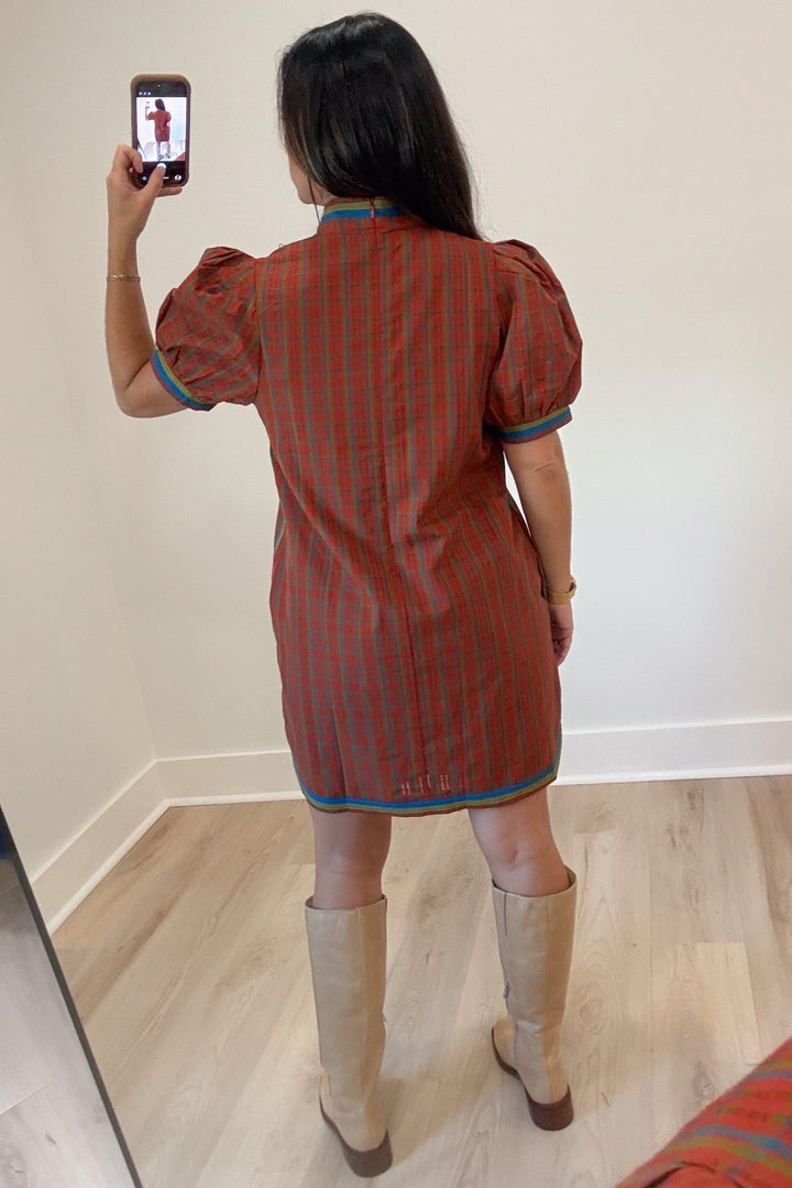 burnt orange blue and olive green plaid print short sleeve v neckline short dress with back zipper closure