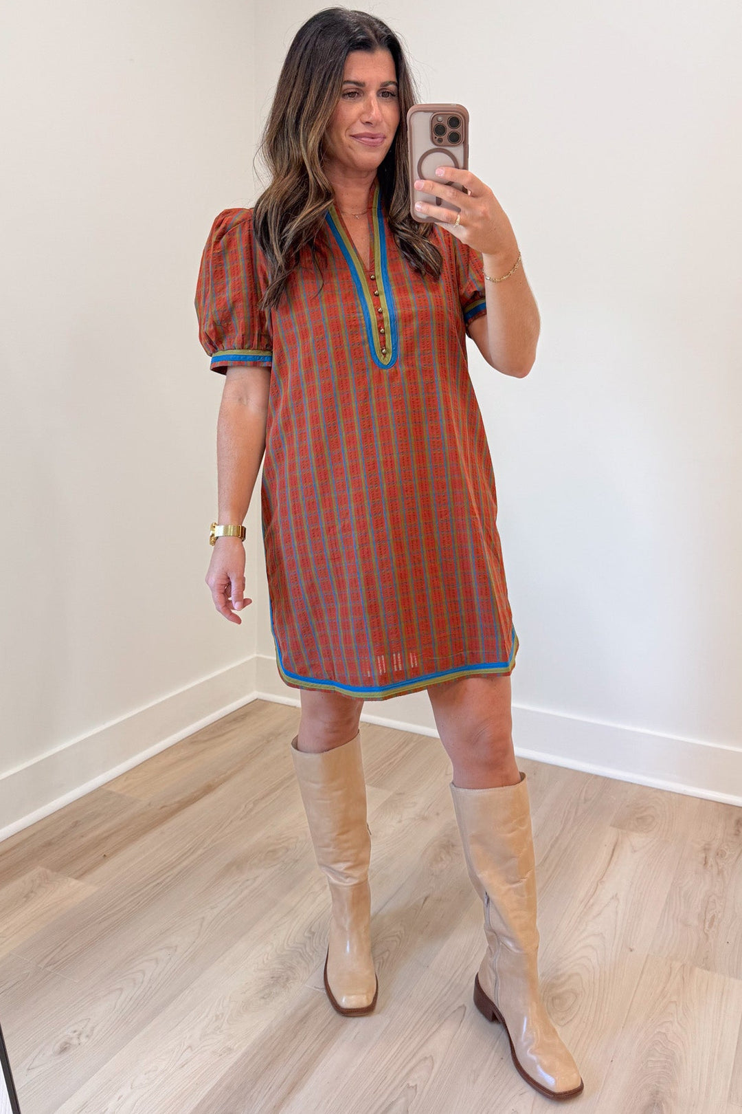 burnt orange blue and olive green plaid print short sleeve v neckline cotton short dress