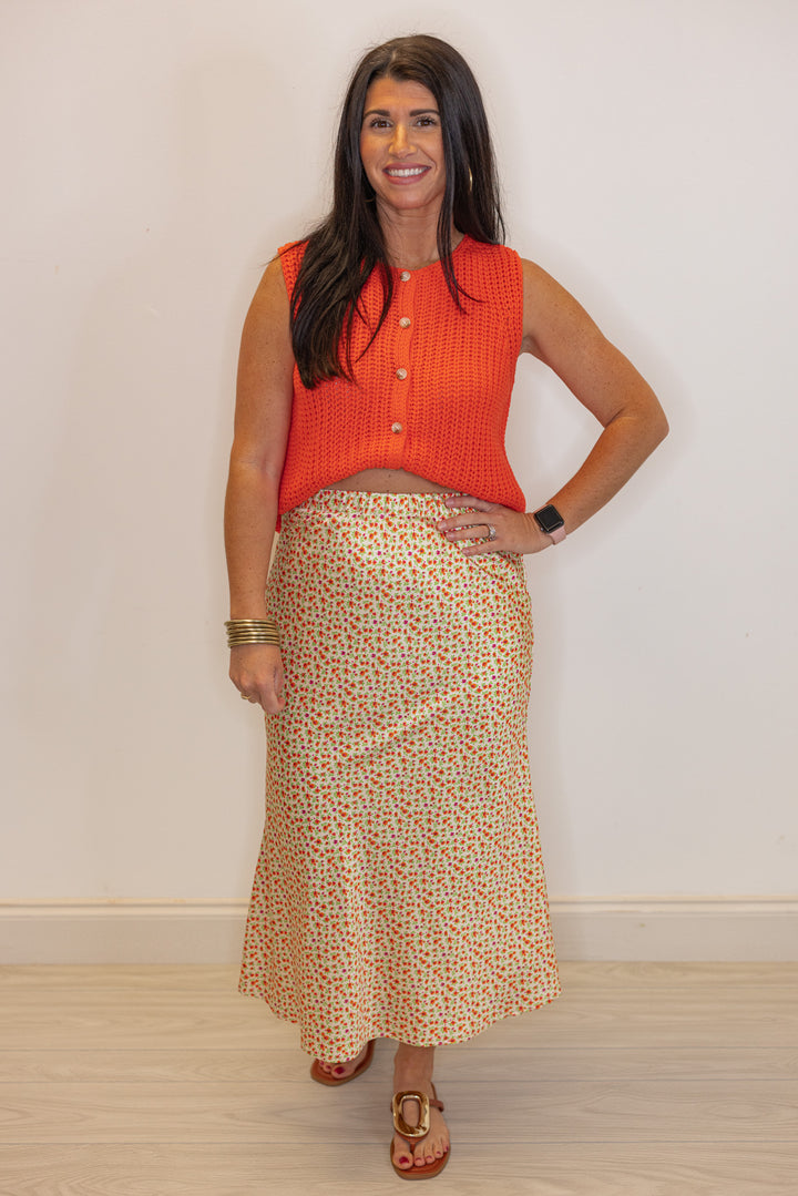 orange yellow floral satin midi skirt