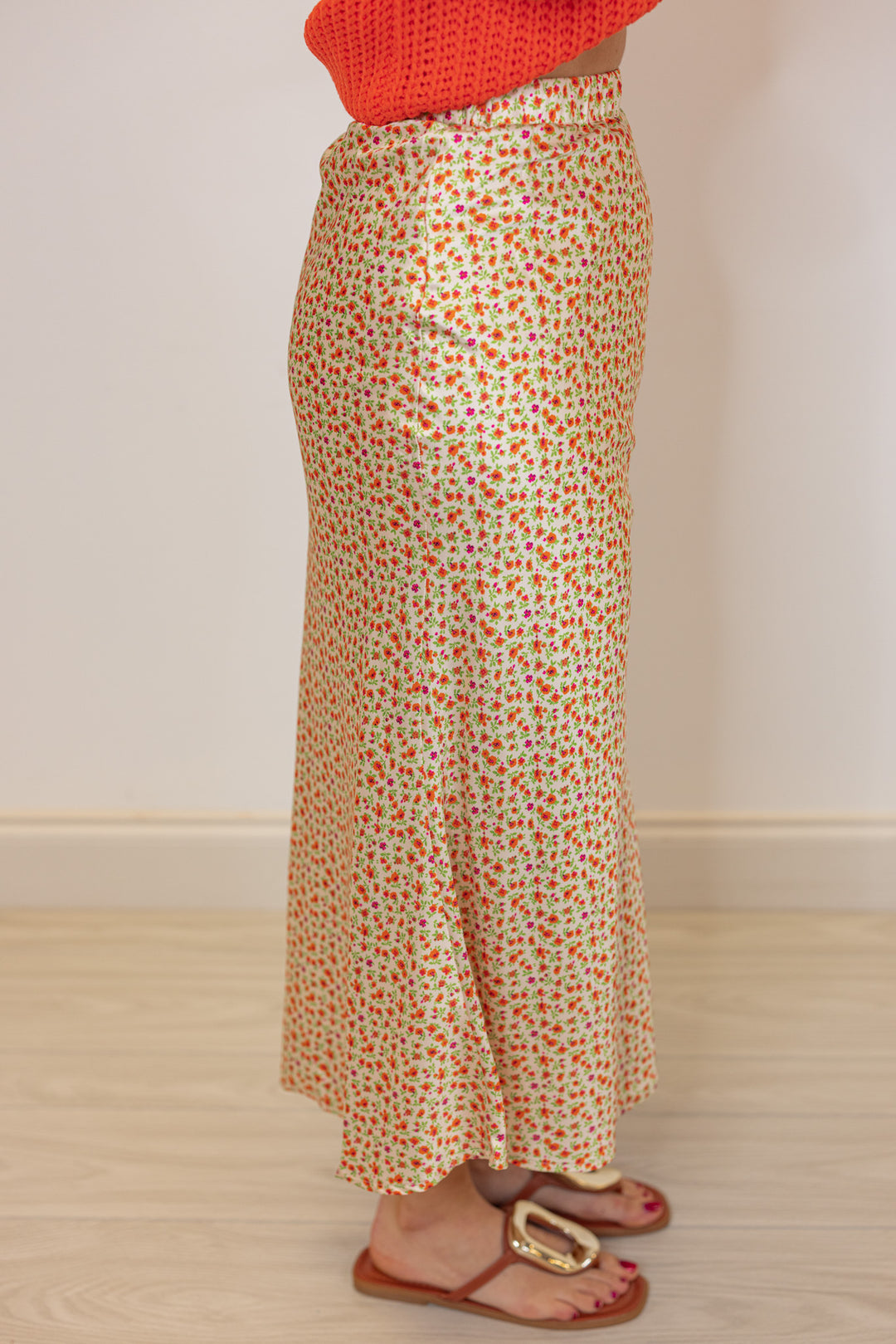 orange yellow floral satin midi skirt
