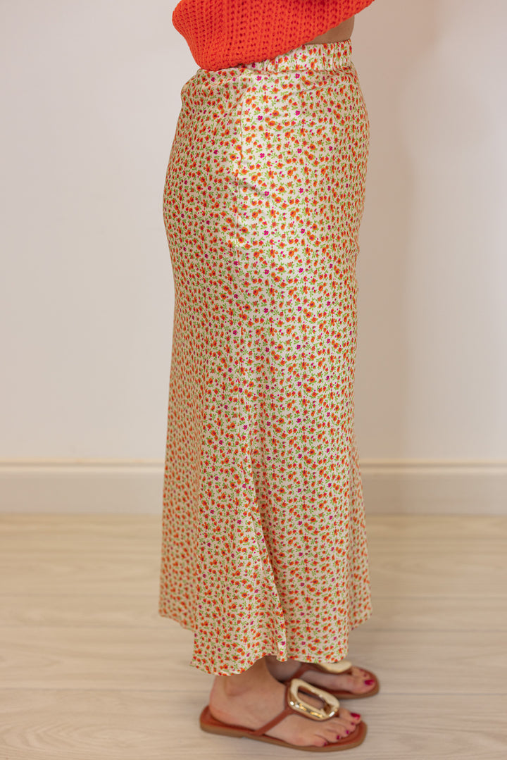 orange yellow floral satin midi skirt
