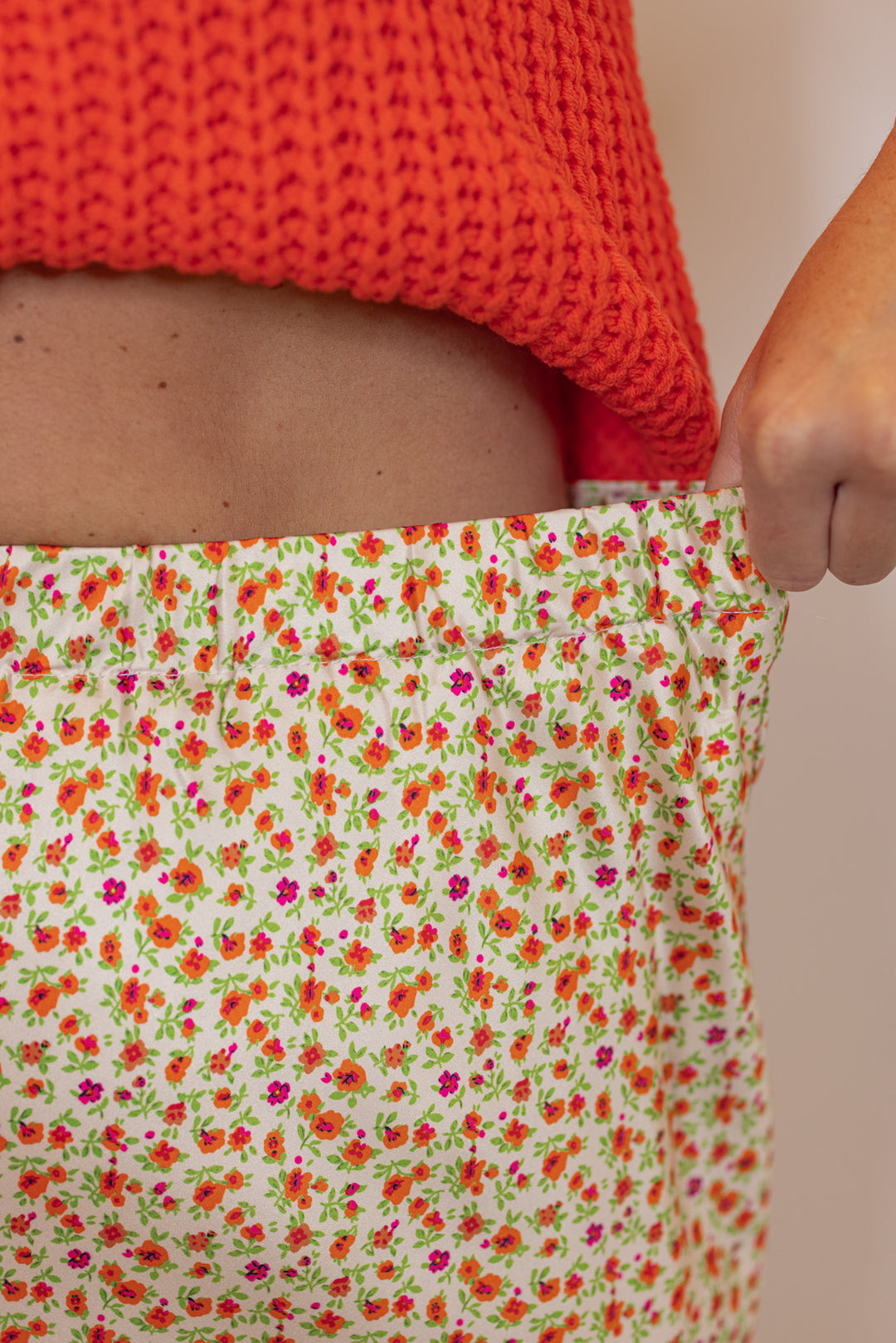 orange yellow floral satin midi skirt