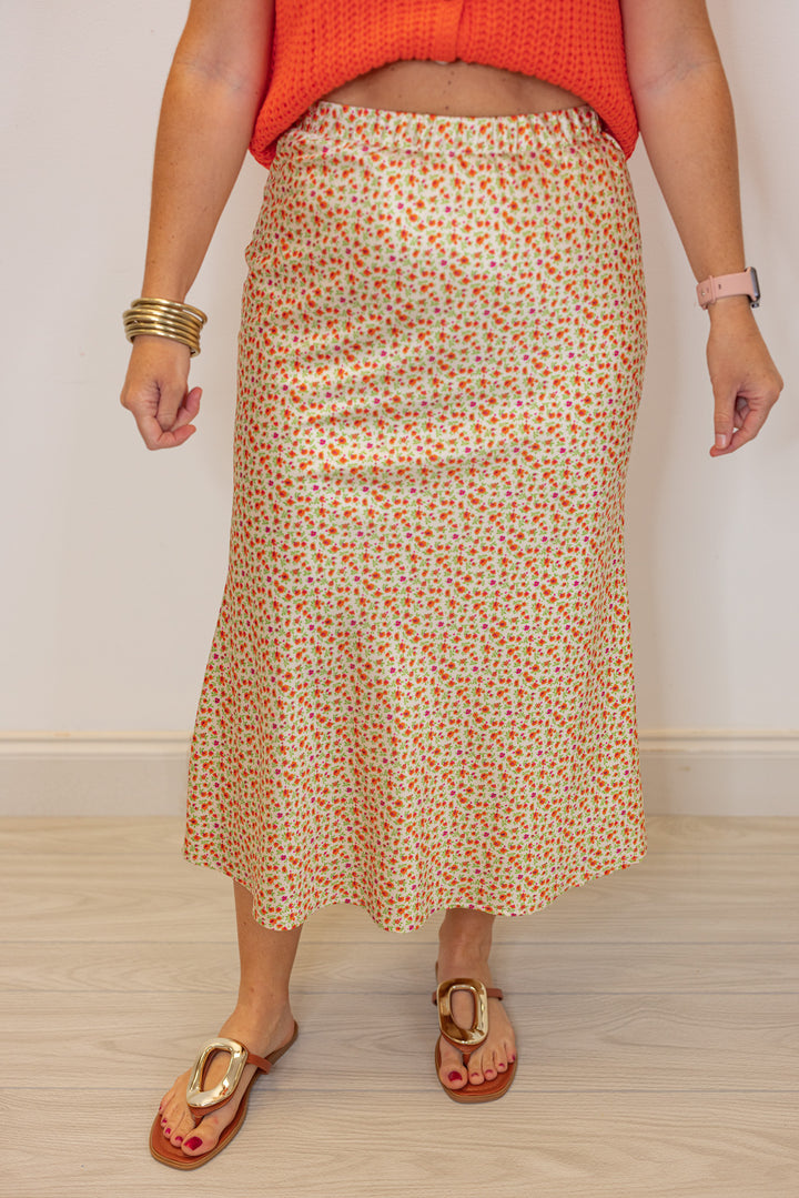 orange yellow floral satin midi skirt