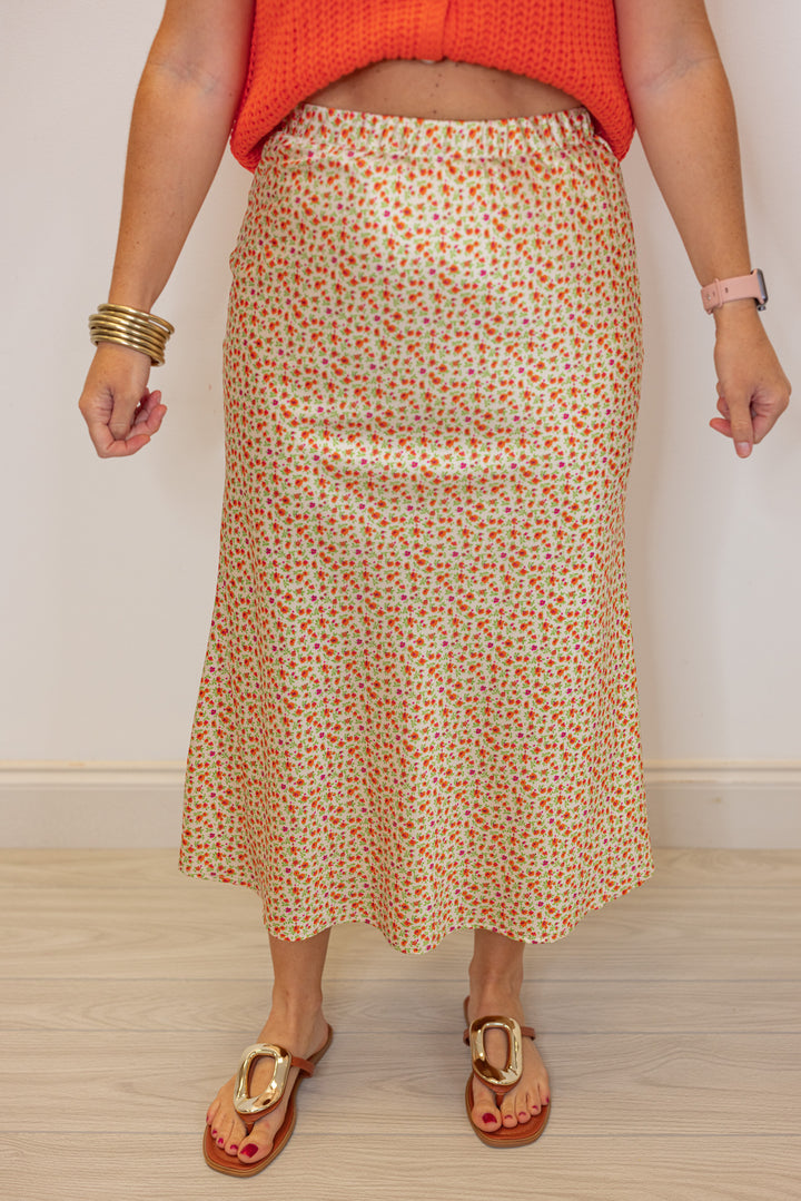 orange yellow floral satin midi skirt