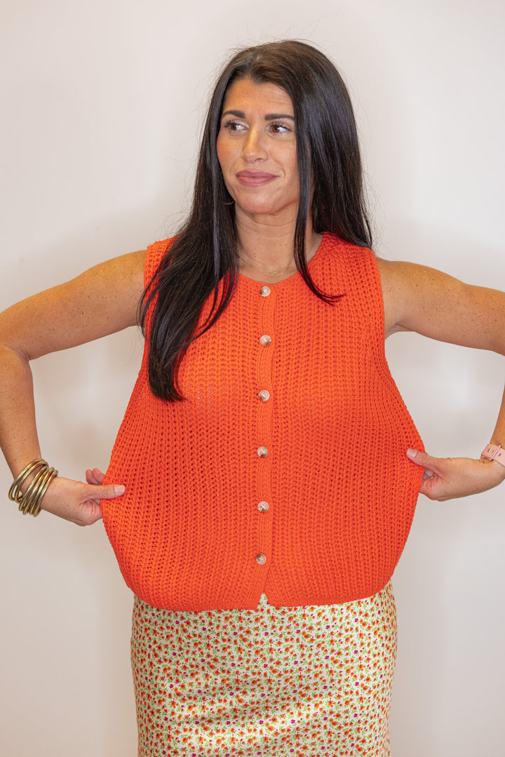 orange knit sleeveless sweater cardigan top