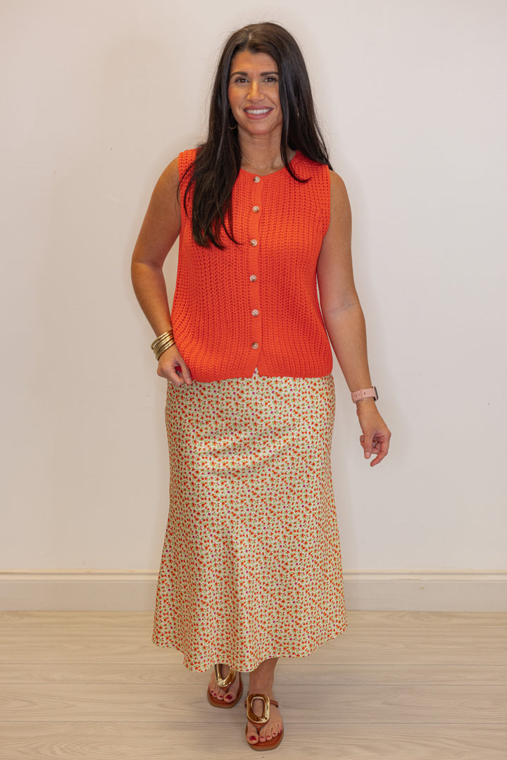 orange yellow floral satin midi skirt