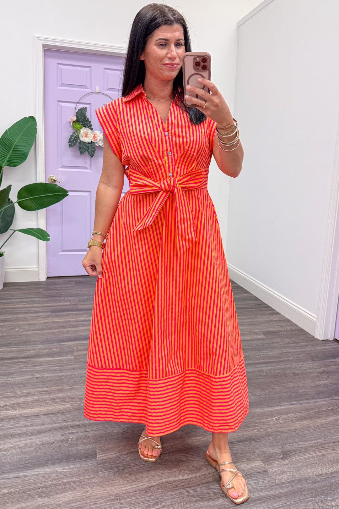 orange and pink striped collared v neckline poplin midi dress