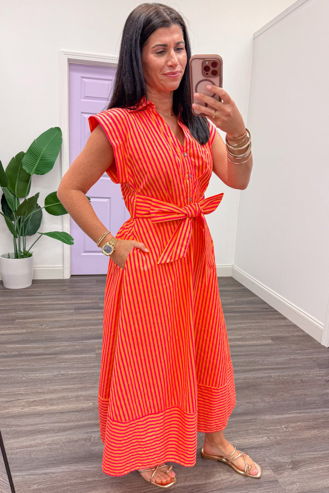 orange and pink striped collared v neckline poplin midi dress with side pockets