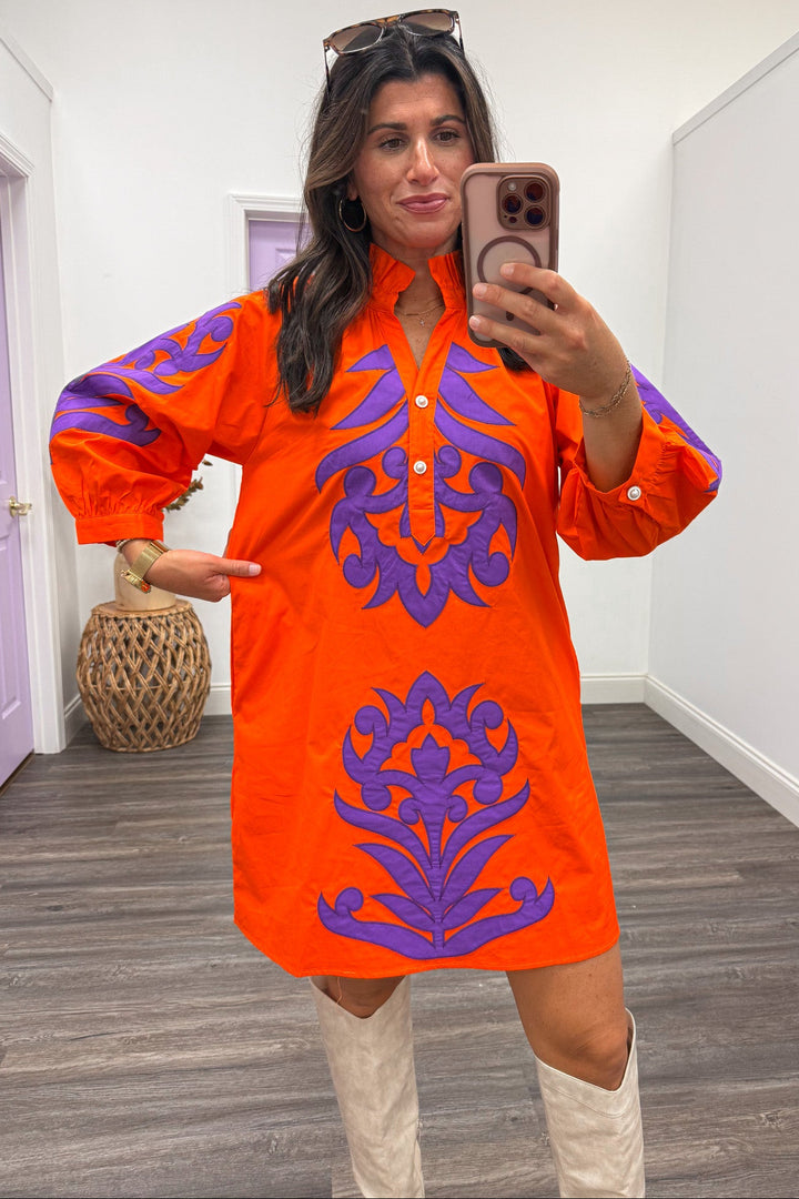 orange with large purple floral print half length balloon sleeve relaxed silhouette short dress