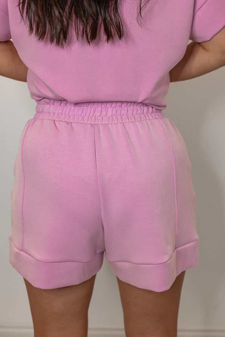 orchid pink scuba knit lounge shorts