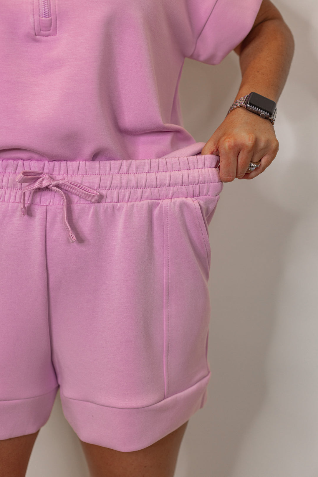 orchid pink scuba knit lounge shorts