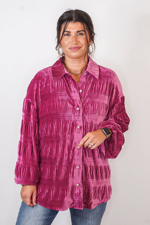 orchid pink pleated velvet top