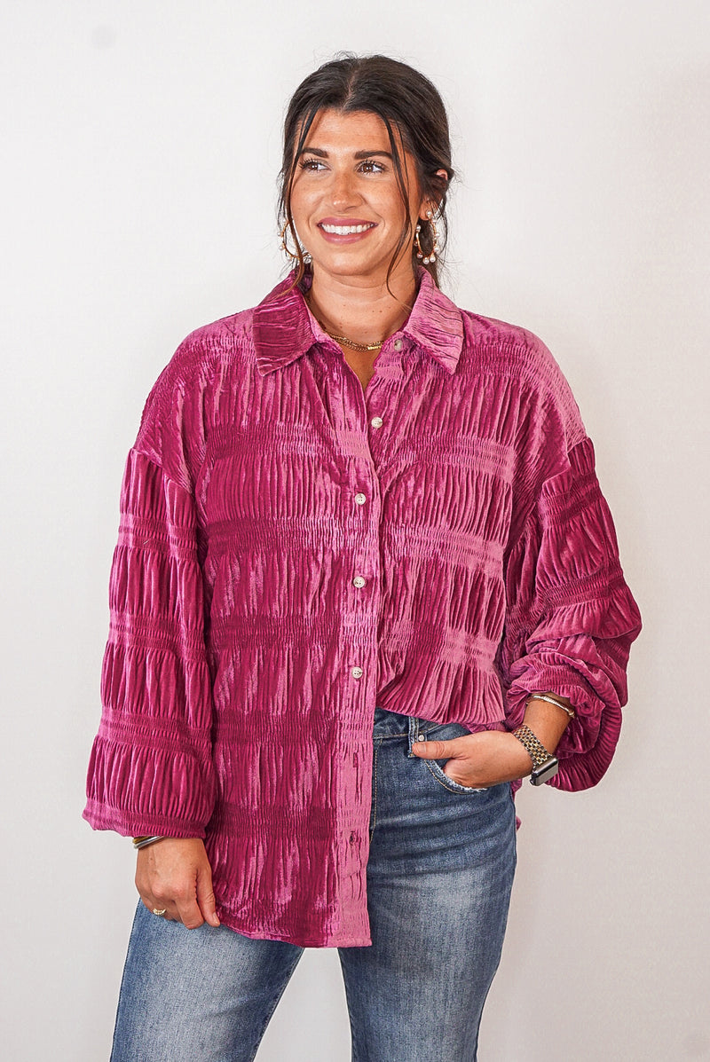 orchid pink pleated velvet top