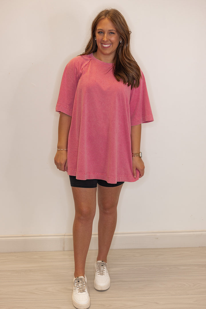 Women's oversized cotton washed red tee shirt, paired with biker shorts