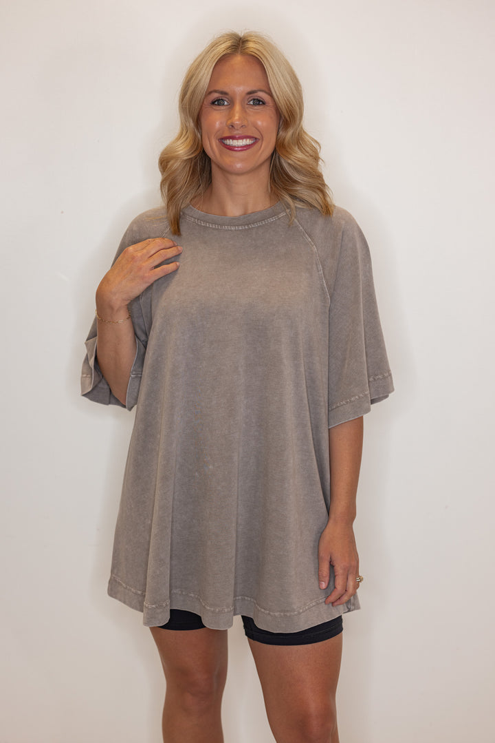 Women's oversized mocha brown cotton tee shirt, close up view