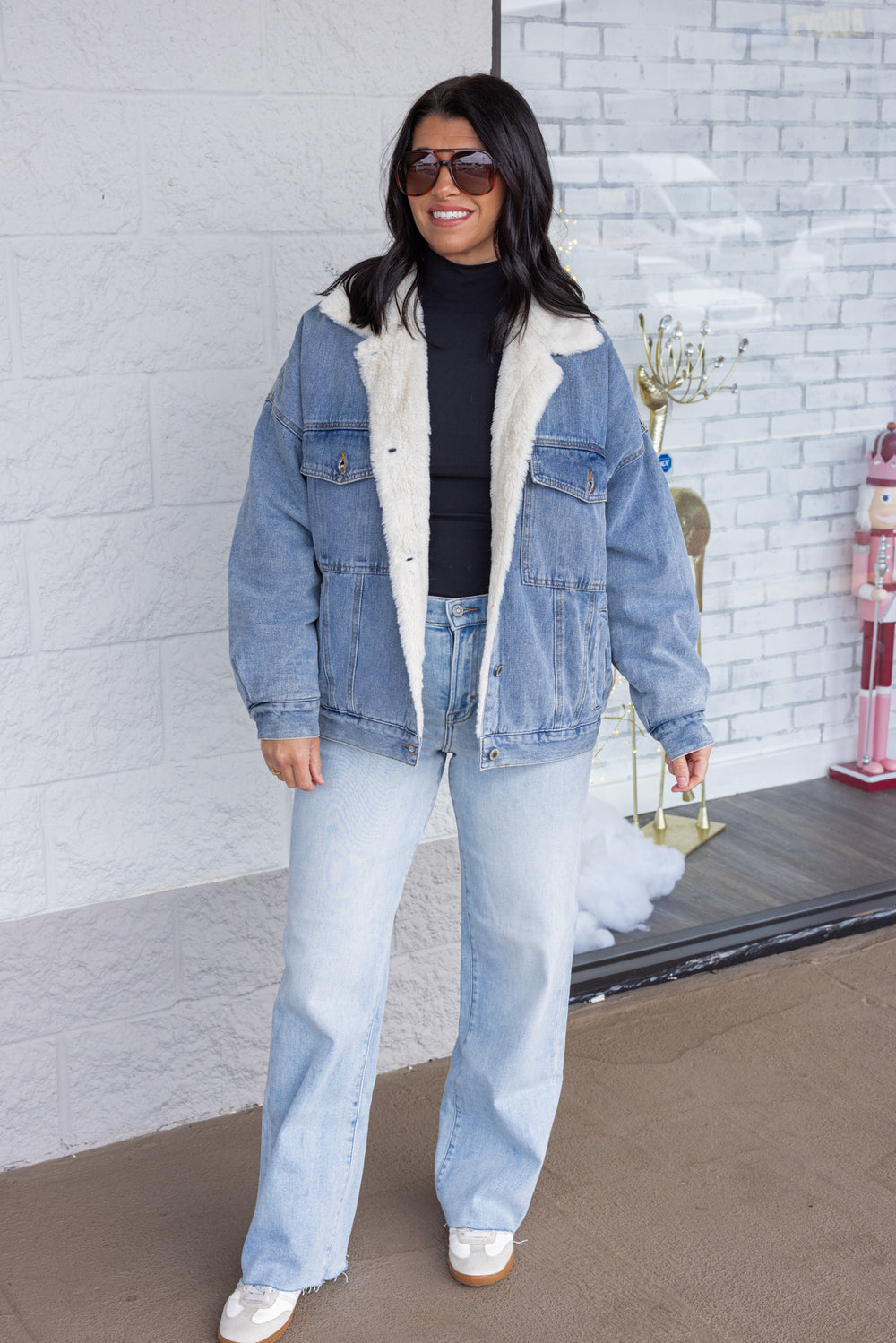 Blue denim jacket with cream faux fur lining by Wishlist showing full front view