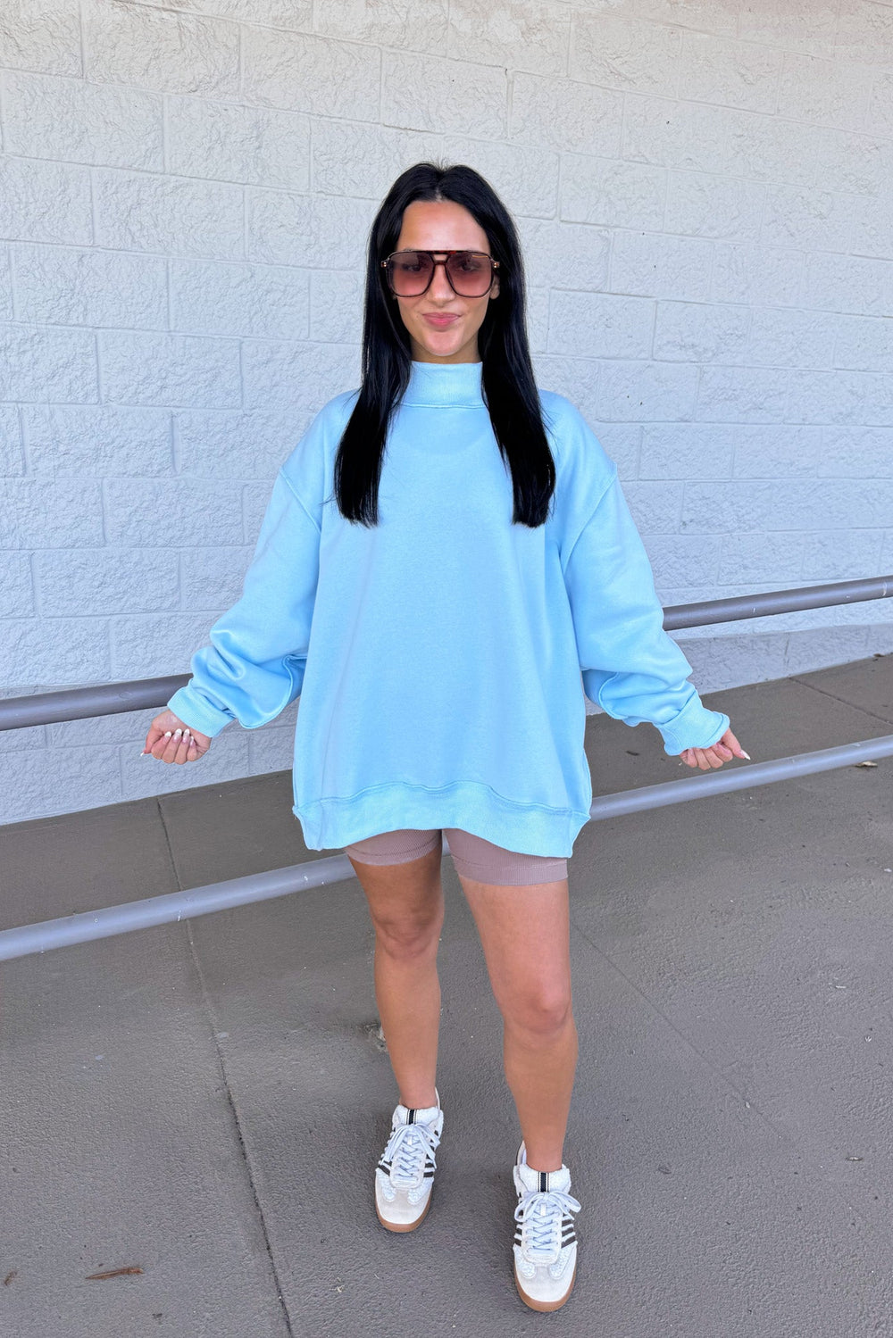 bucketlist oversized mock neck sweatshirt blue full body