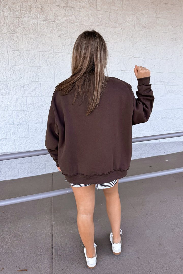 bucketlist oversized mock neck brown sweatshirt back