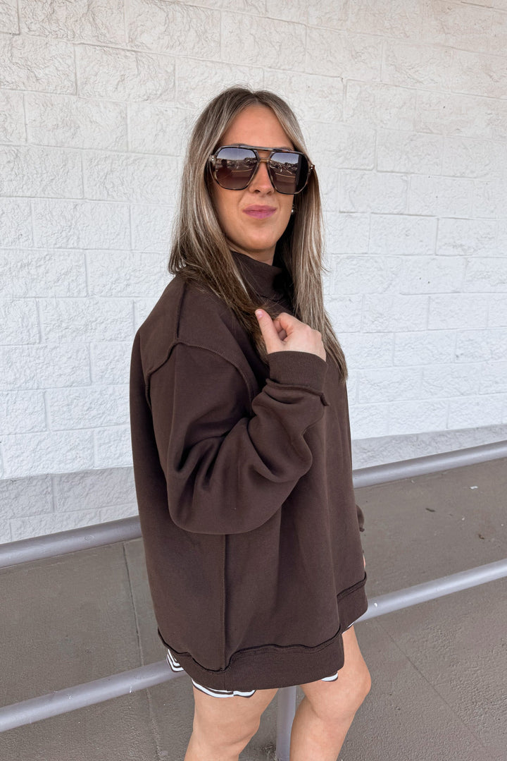bucketlist oversized mock neck brown sweatshirt side