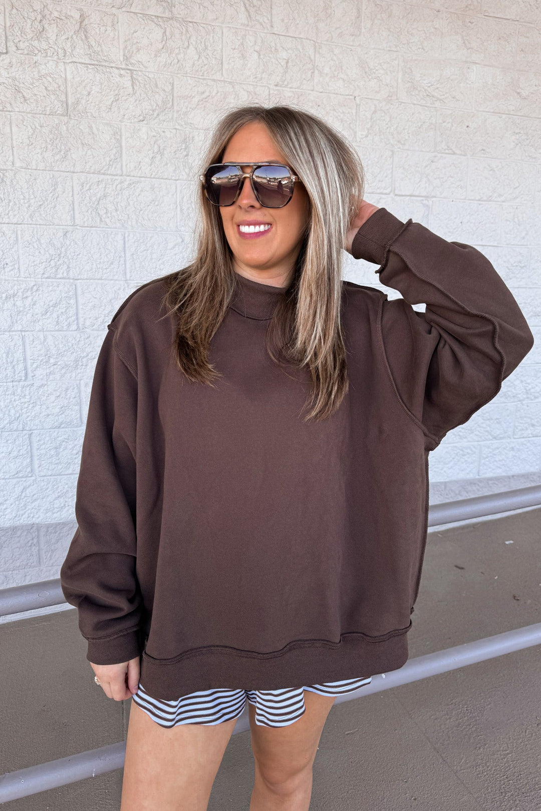 bucketlist oversized mock neck brown sweatshirt details
