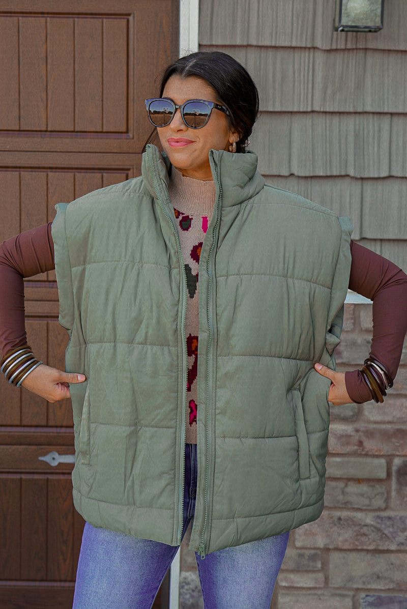 oversized olive quilted puffer vest