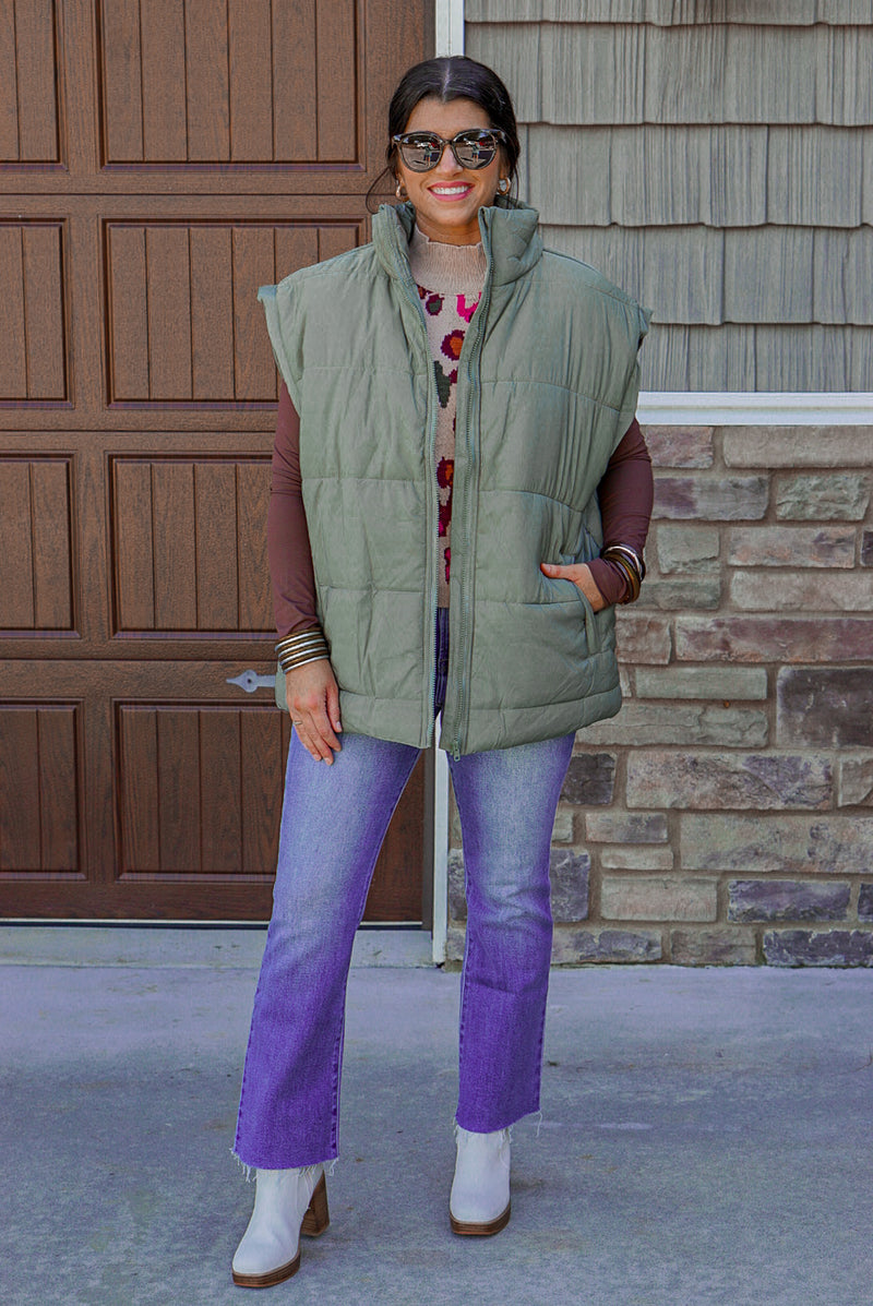 oversized olive quilted puffer vest