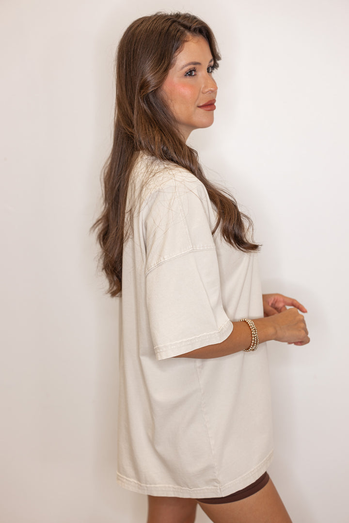 Women's mineral washed ecru oversized tee by Easel showing up close side view