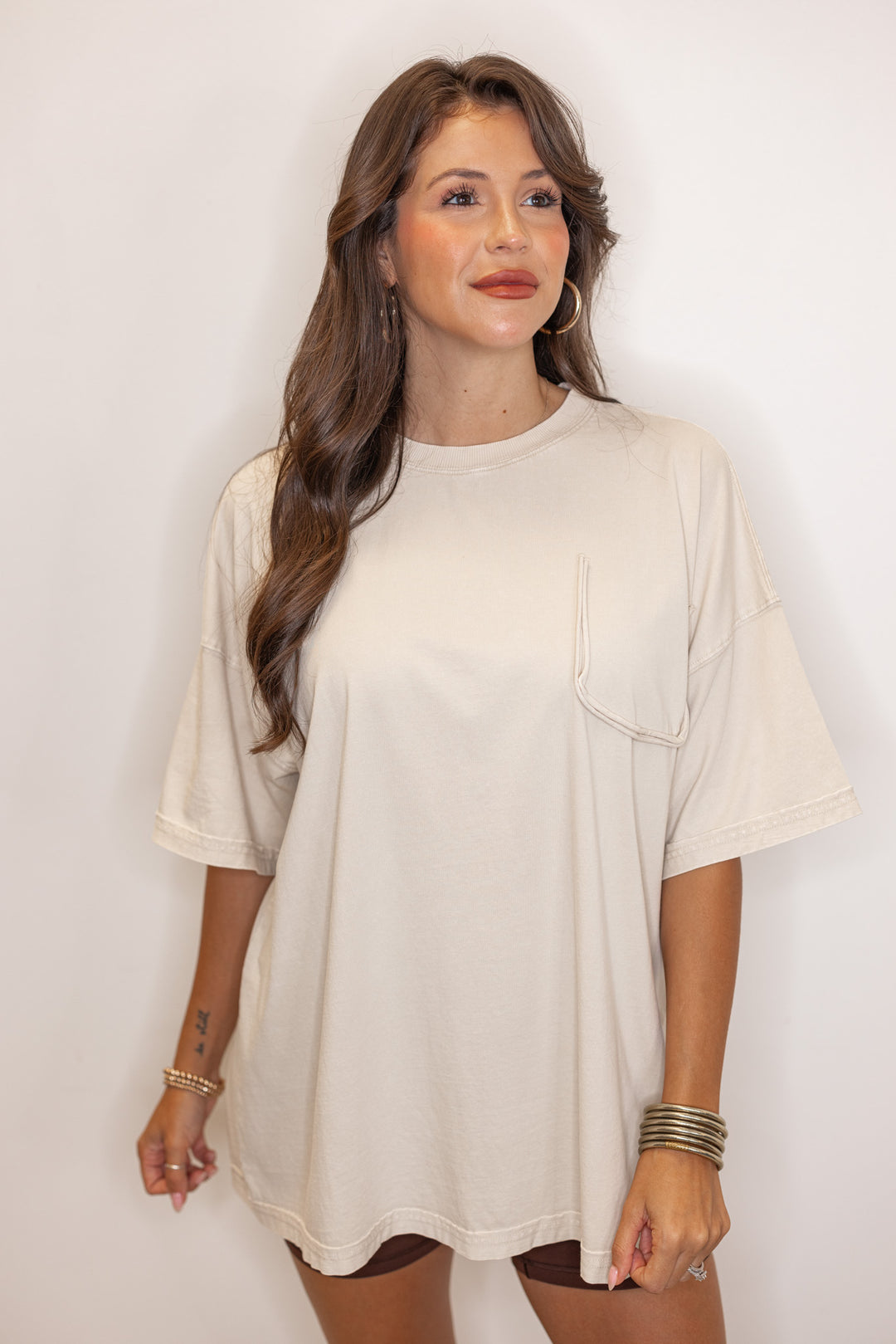 Women's mineral washed ecru oversized tee by Easel showing up close front view