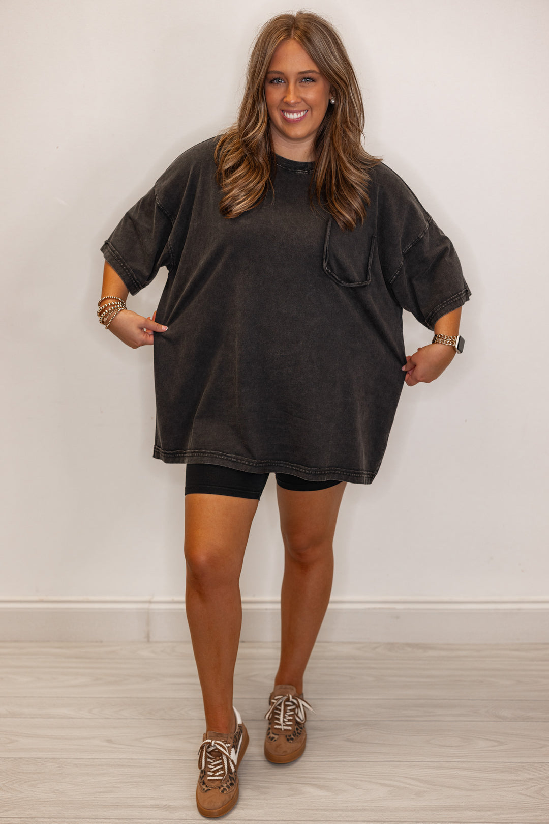 Women's mineral washed black oversized tee by Easel showing oversized fit