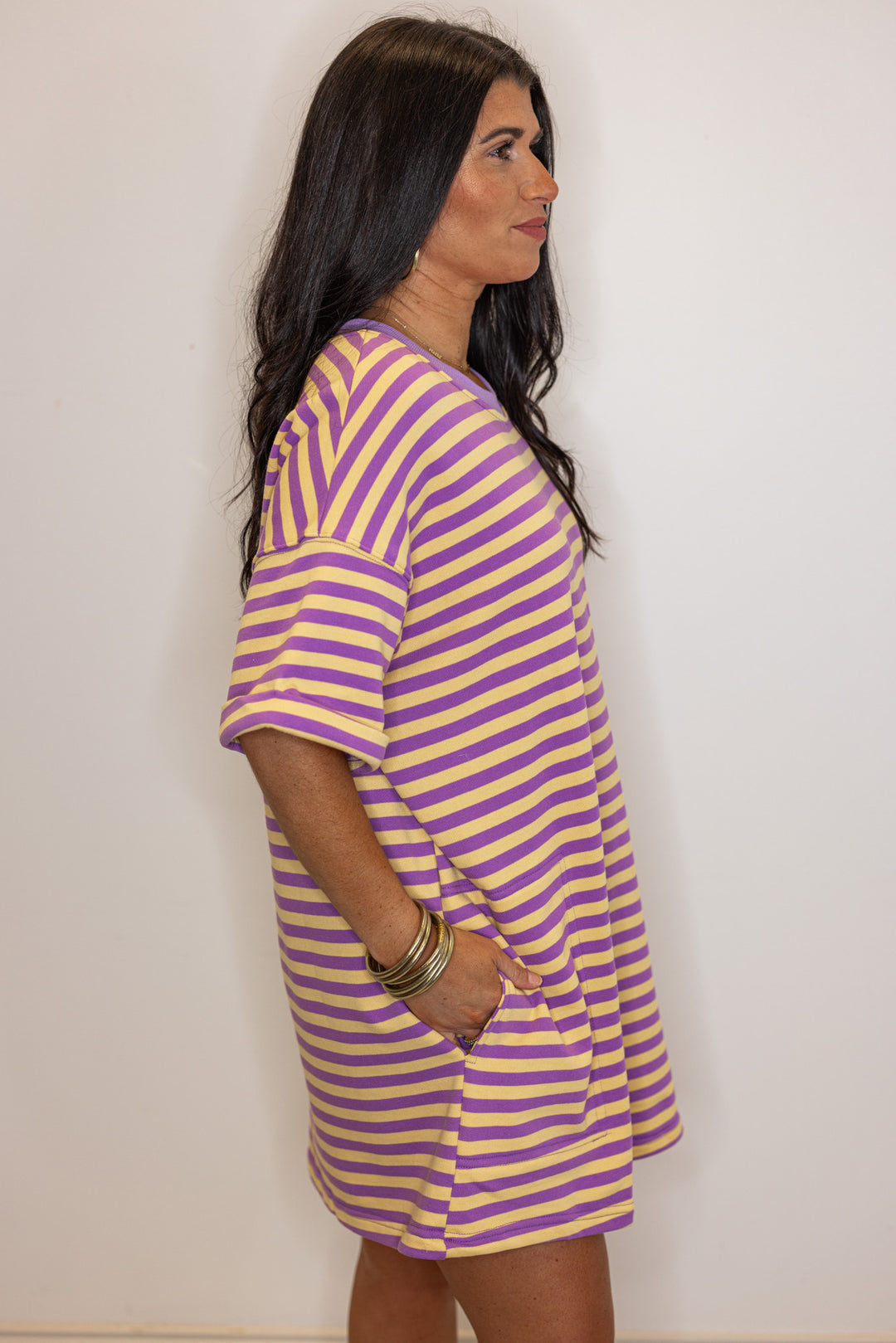 purple yellow striped tshirt tunic dress