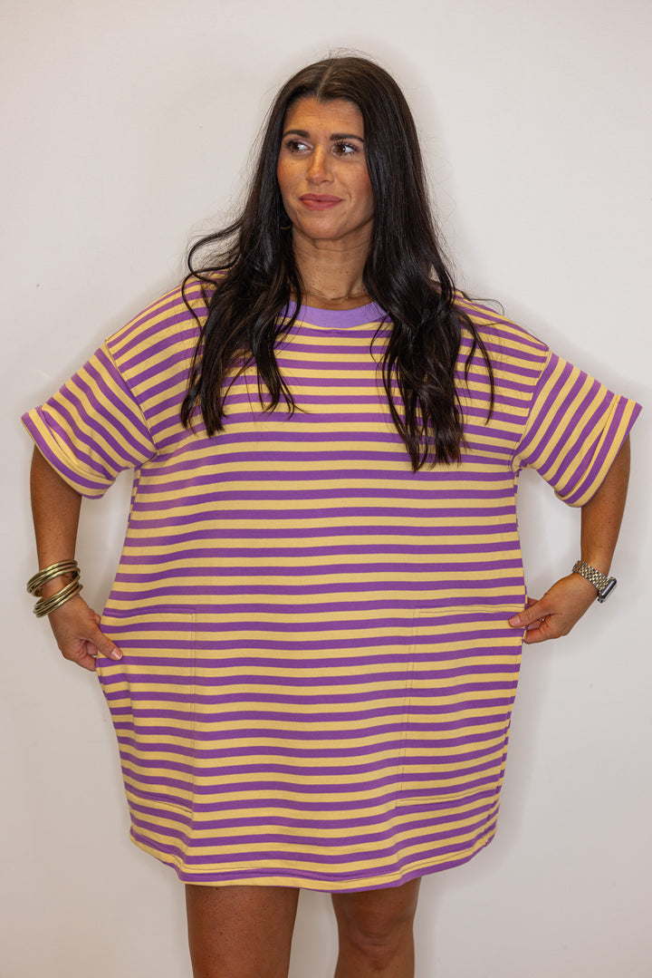 purple yellow striped tshirt tunic dress