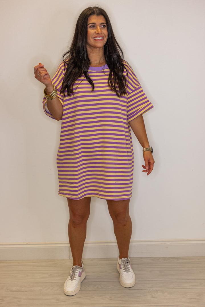 purple yellow striped tshirt tunic dress