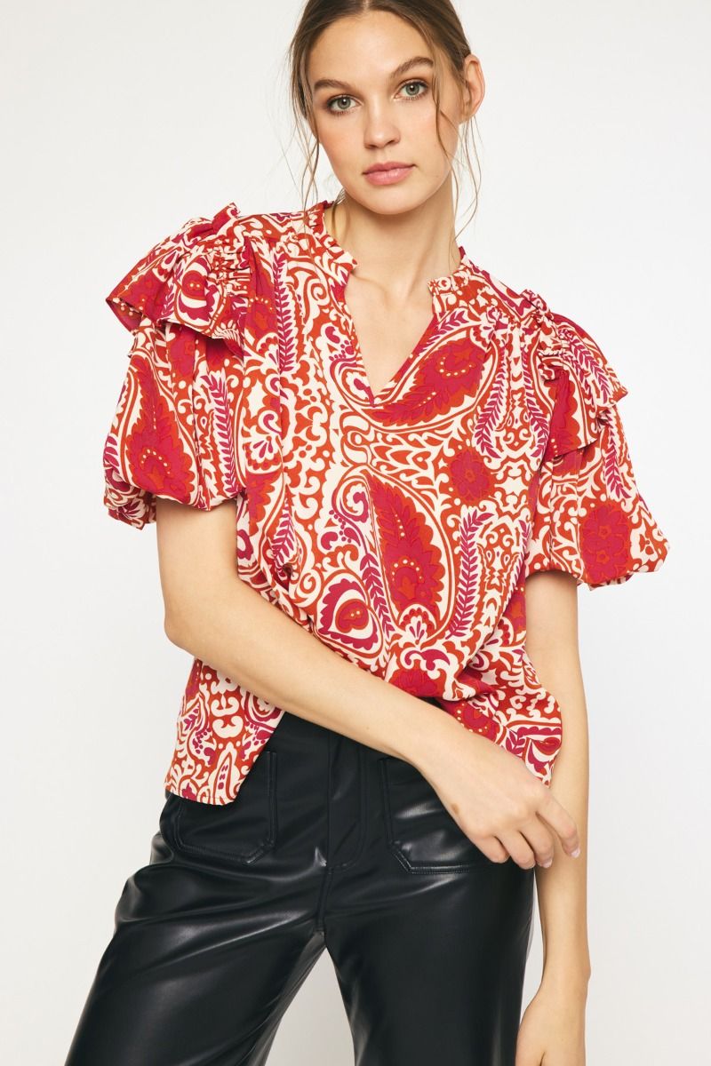 Entro Paisley print top in red, hot pink and ivory