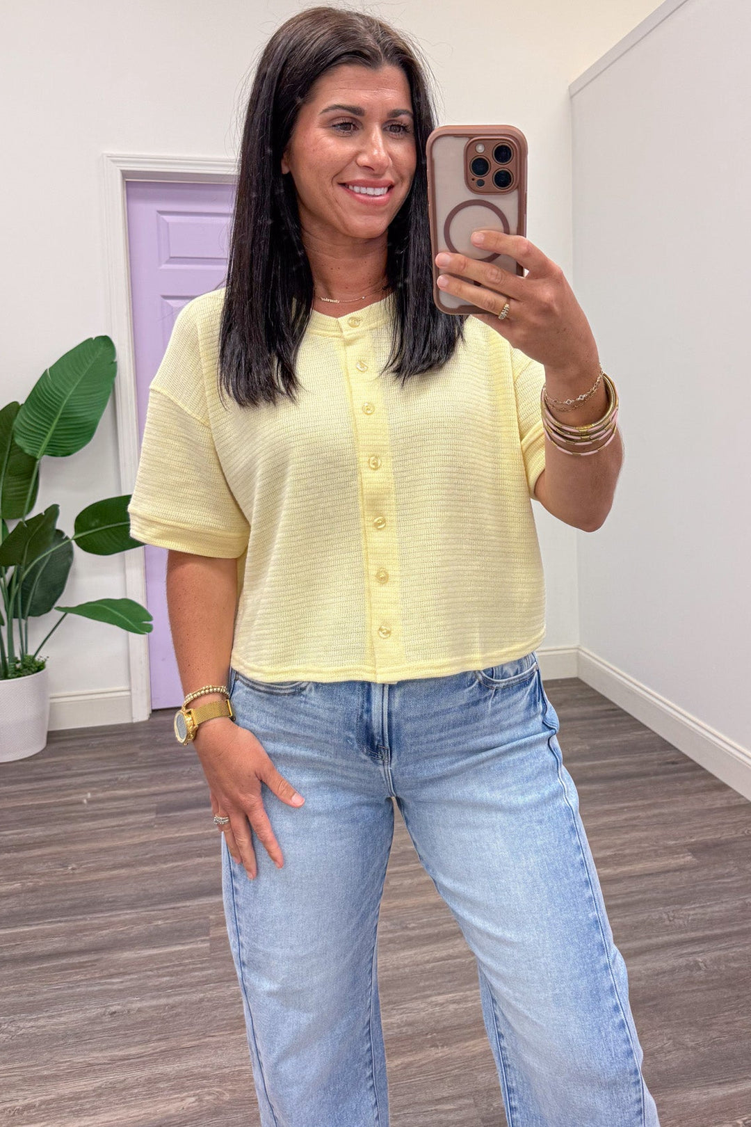 solid pale butter yellow button front cardigan top