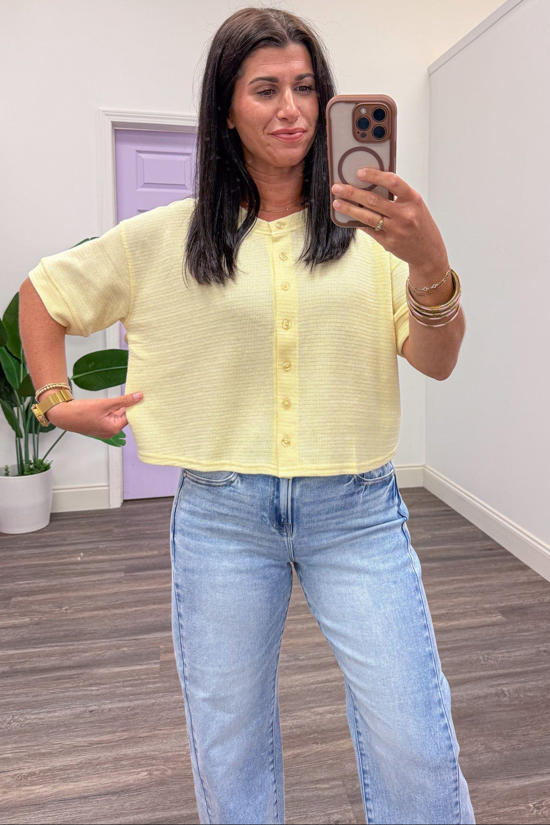 solid pale butter yellow button front cardigan top relaxed silhouette