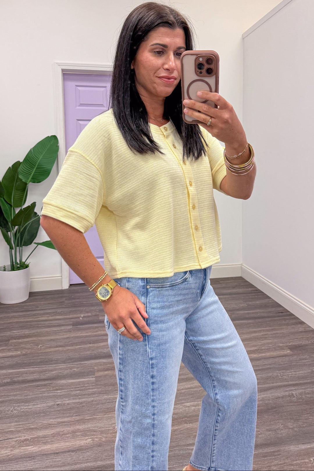 solid pale butter yellow button front drop shoulder short sleeve cardigan top