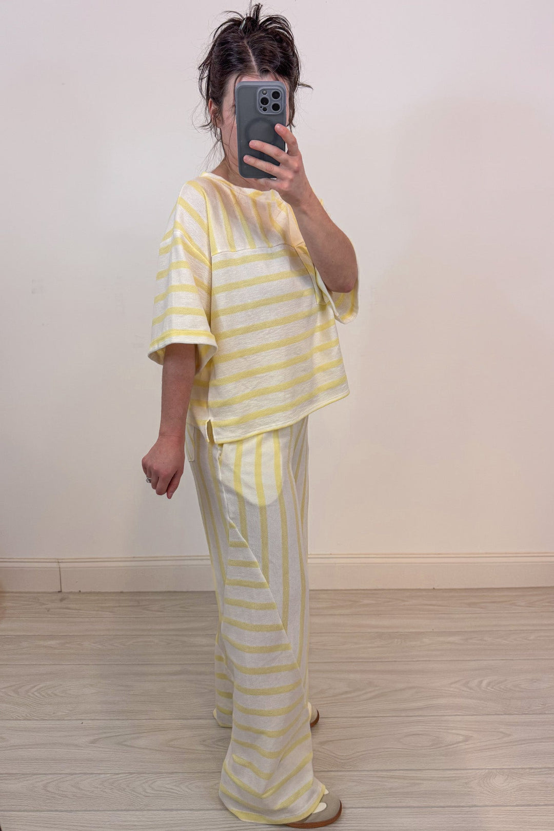 pale yellow striped knit matching set