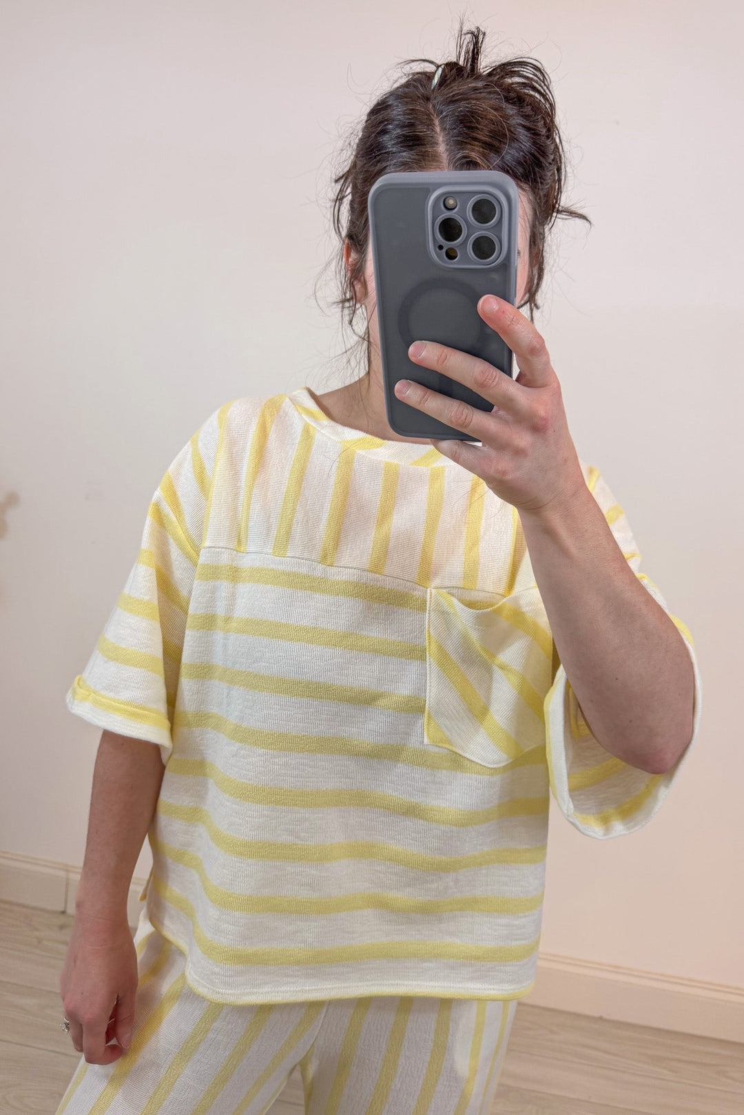 pale yellow striped knit set details