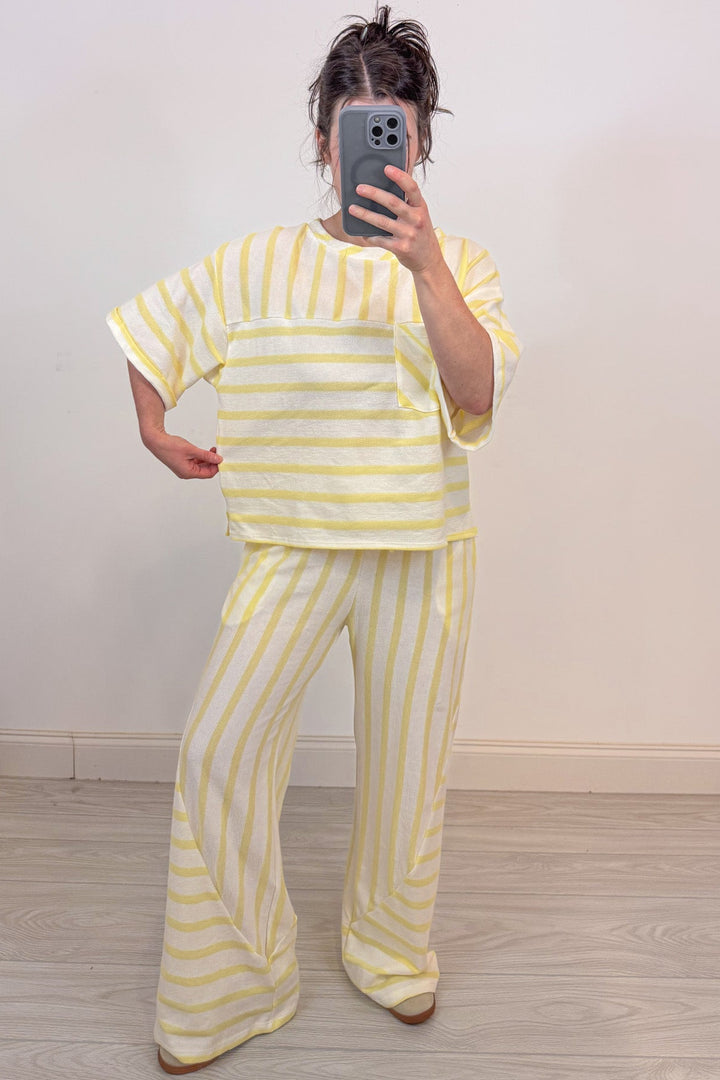 pale yellow striped knit pants set with pockets
