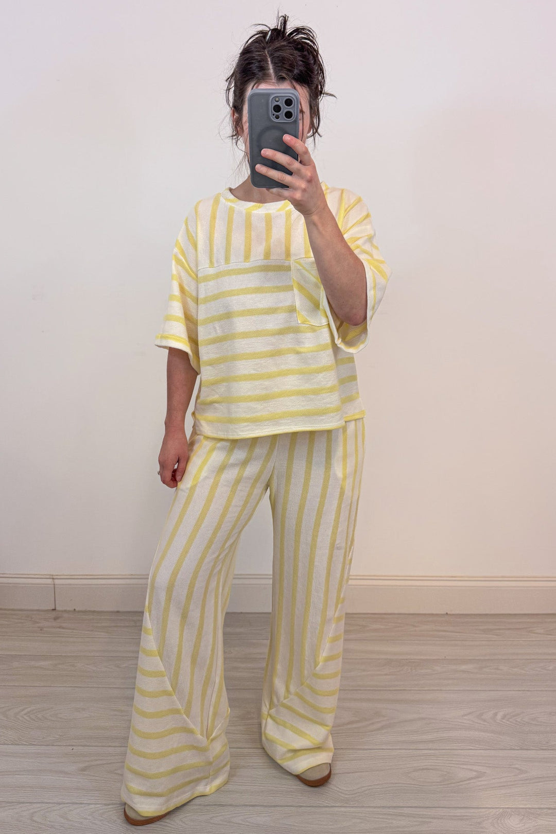 pale yellow striped knit pants matching set
