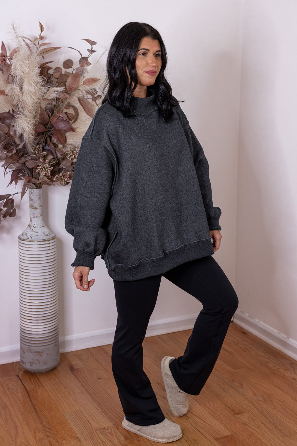 Women&#39;s charcoal reversible mock neck sweatshirt by Bucketlist showing full front angled view