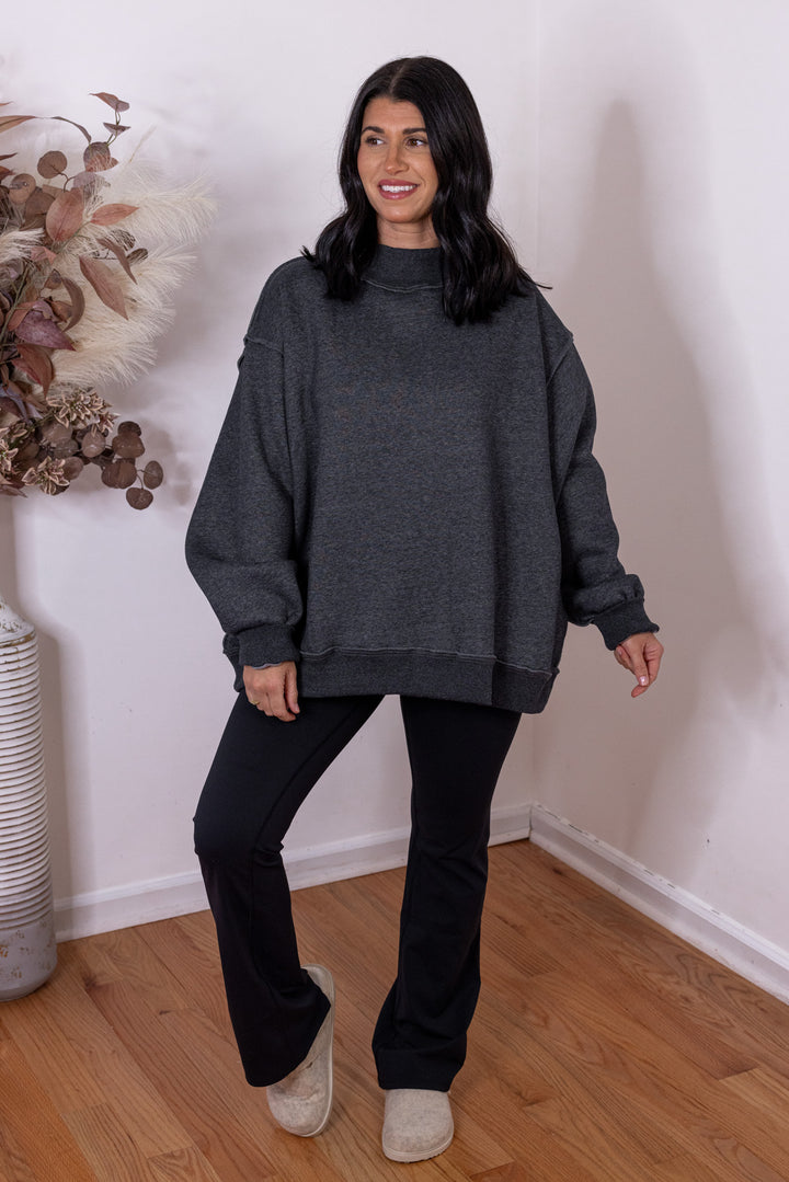 Women's charcoal reversible mock neck sweatshirt by Bucketlist showing full front view