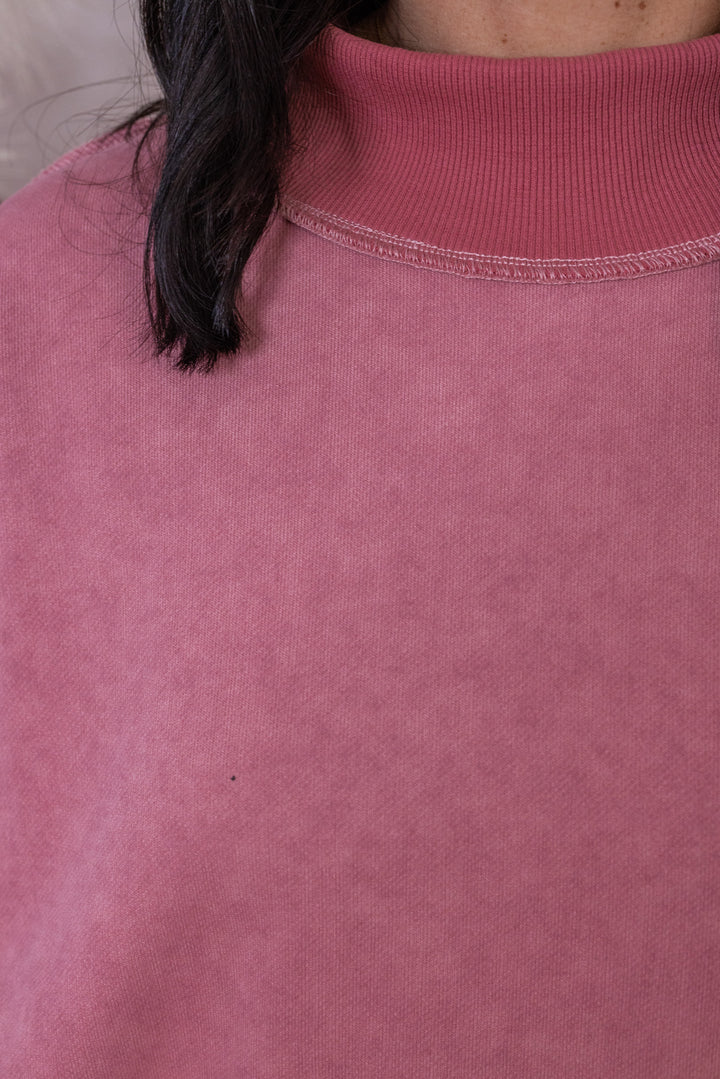 Women's washed mauve mock neck sweatshirt by Bucket List showing mauve neckline