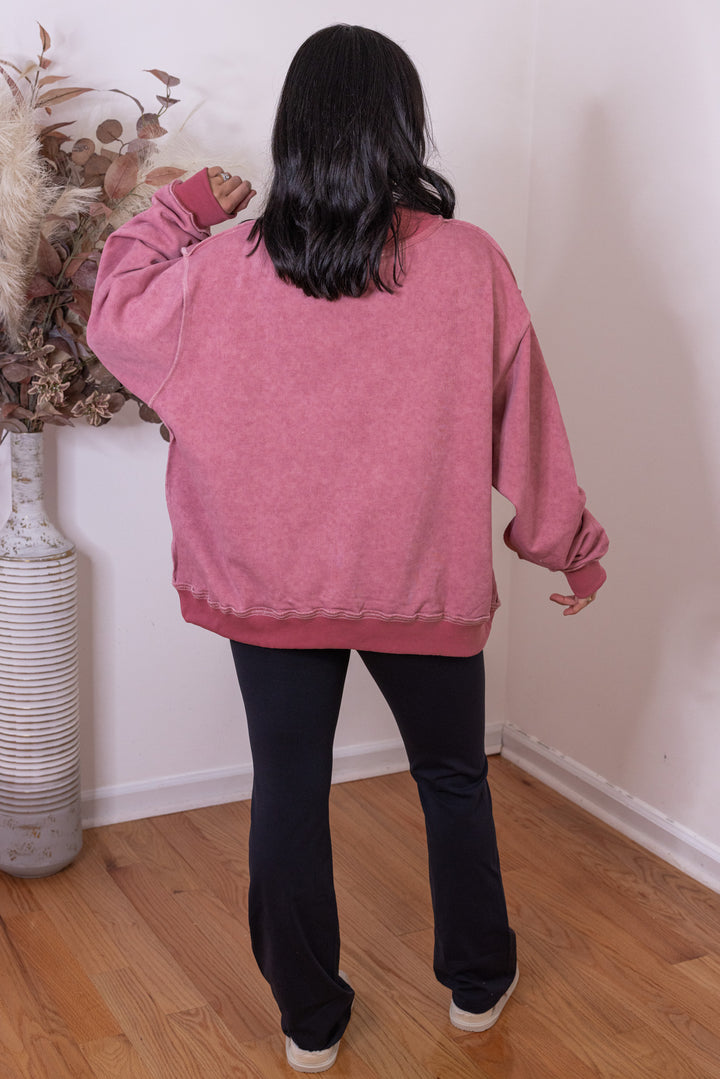 Women's washed mauve mock neck sweatshirt by Bucket List showing full back view