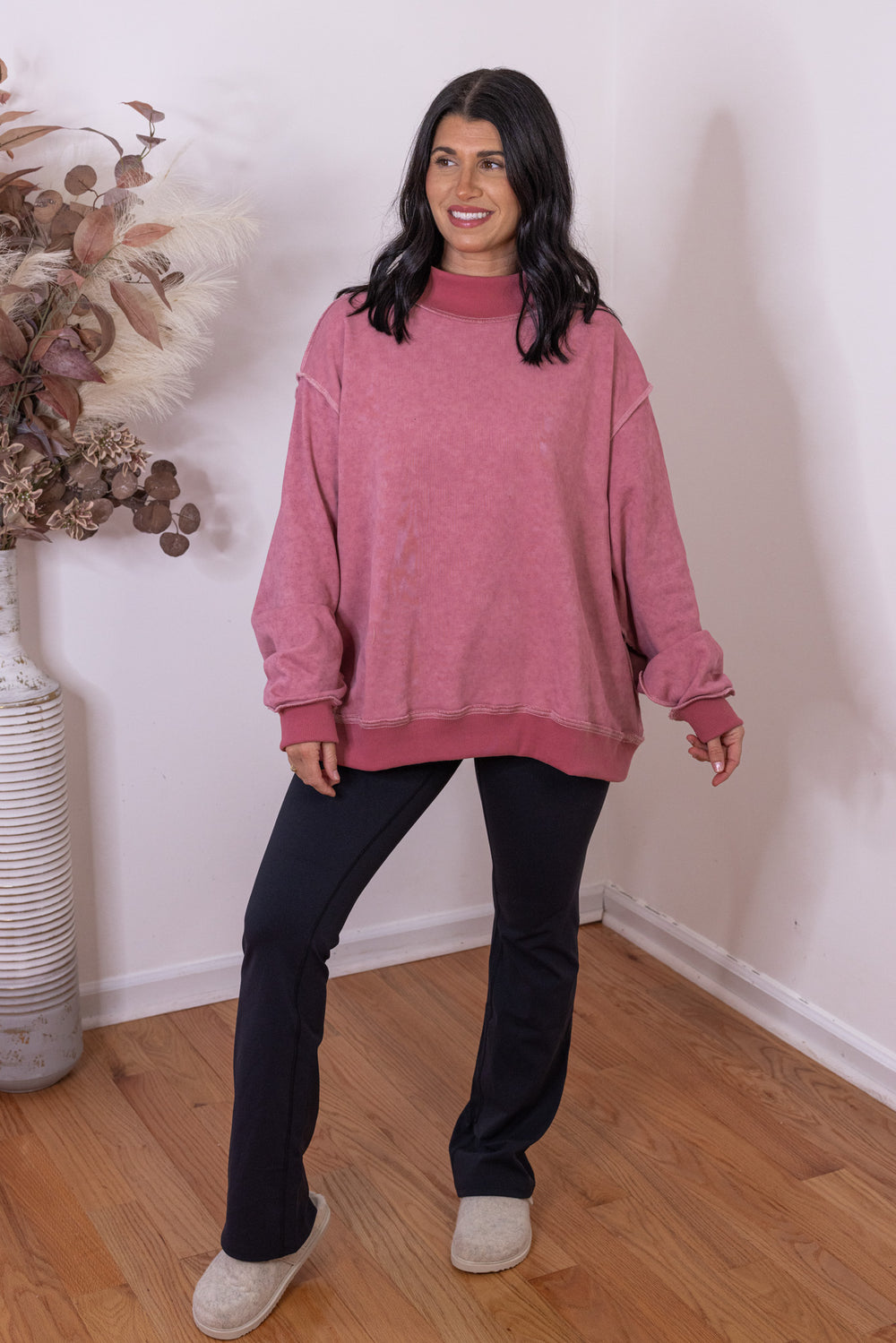 Women&#39;s washed mauve mock neck sweatshirt by Bucket List showing full front view