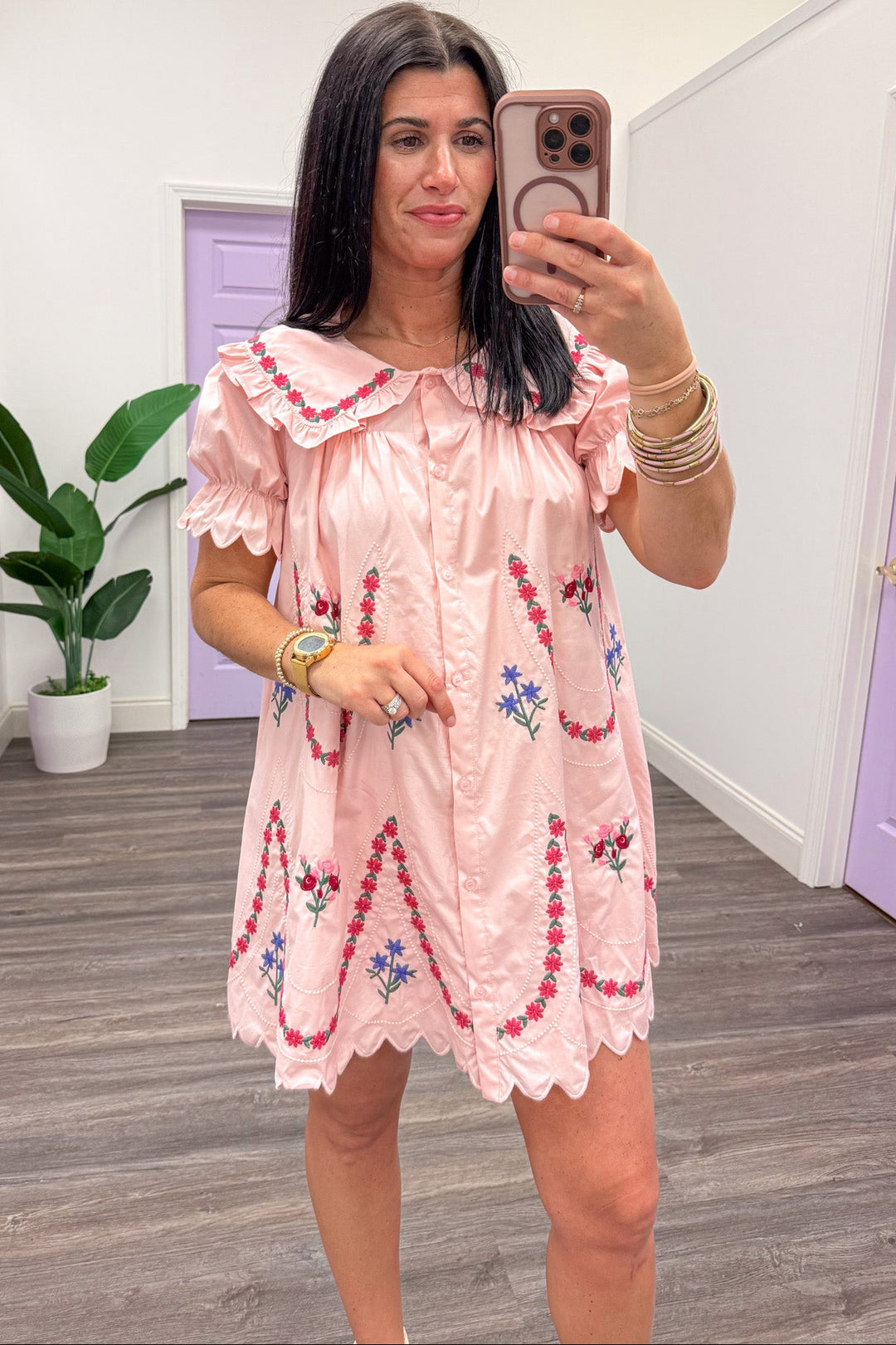 pale pink floral embroidery detail button down scallop trim mini dress