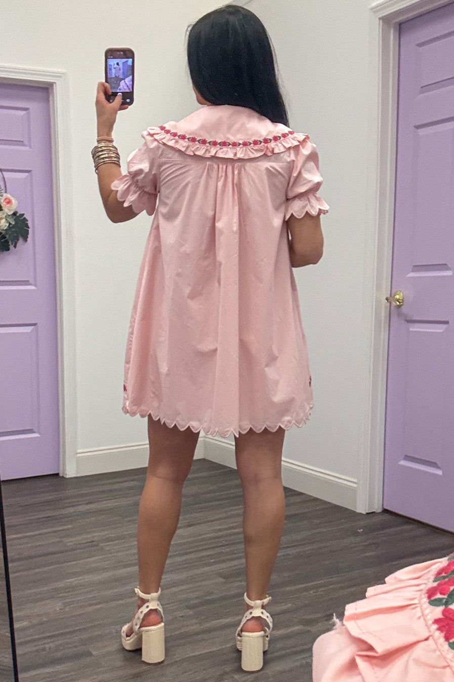 pastel pink floral embroidery detail button down mini dress relaxed fit
