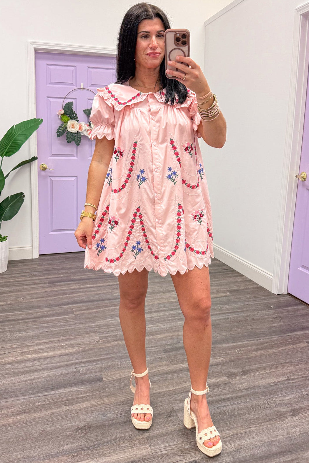 pale pink floral embroidery detail button down mini dress