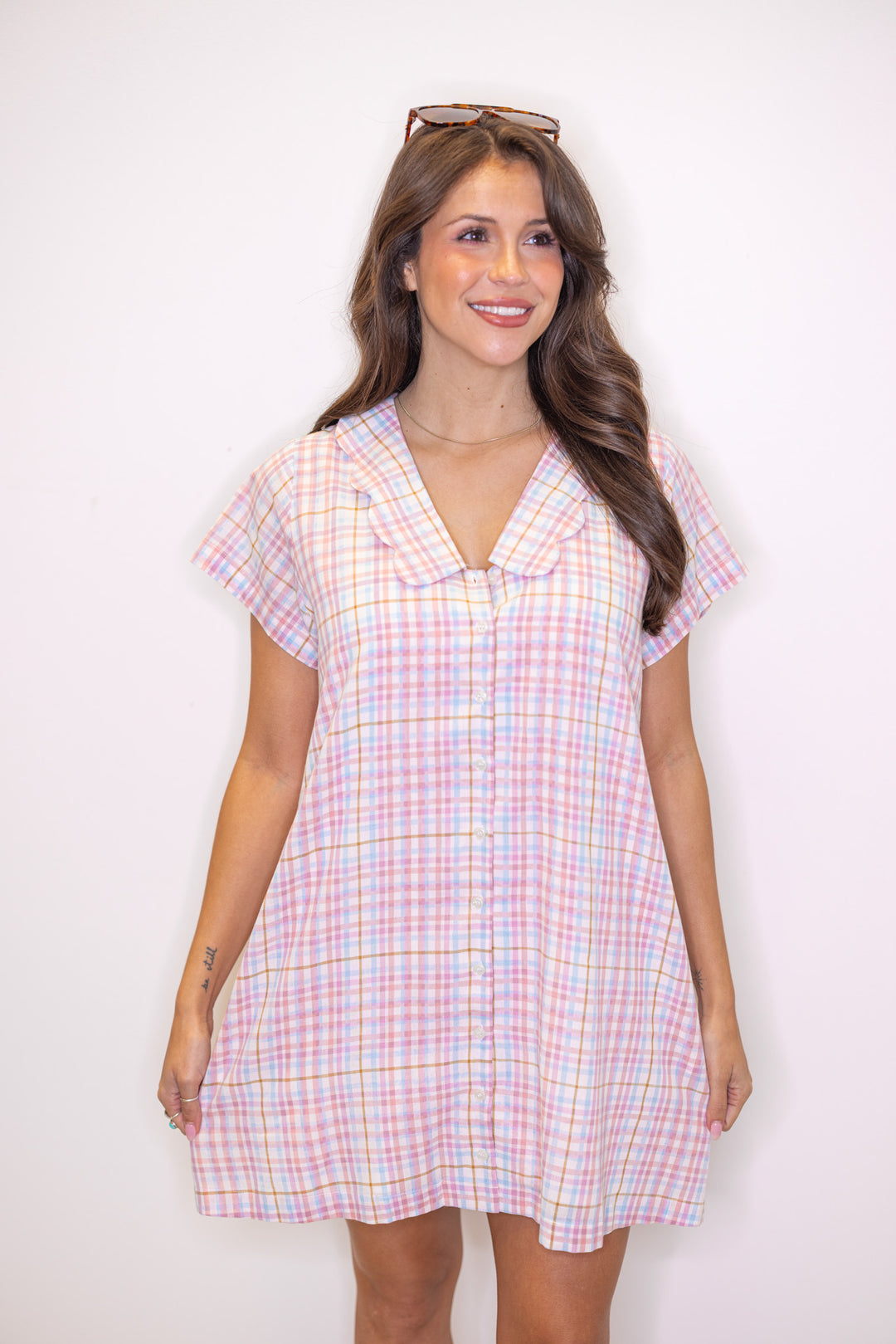 pastel multicolor plaid print short sleeve button down mini dress