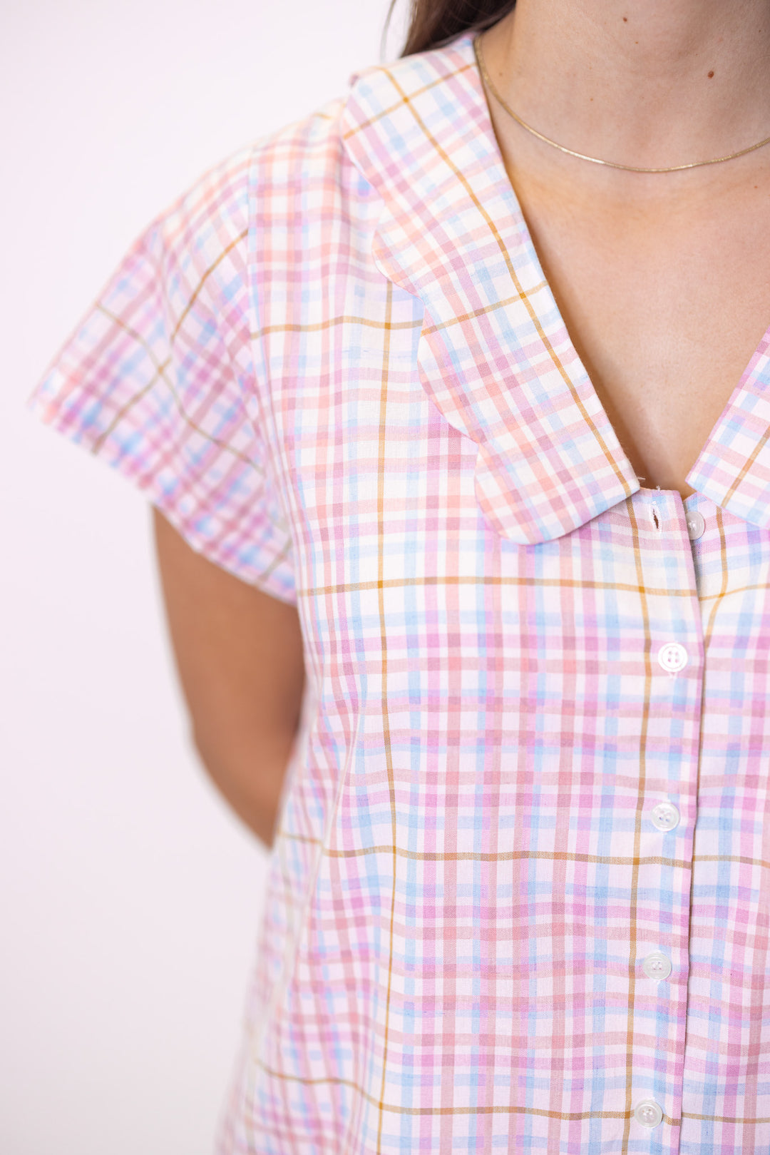 pastel multicolor plaid print scallop trim collar v neckline mini dress